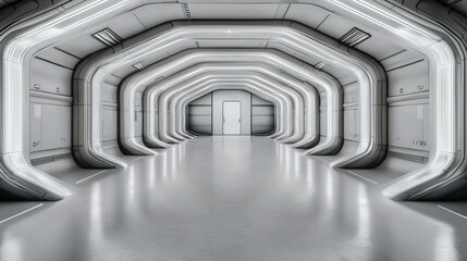 Obraz premium Futuristic corridor white illuminated modern sci fi tunnel clean symmetrical empty sleek metallic bright