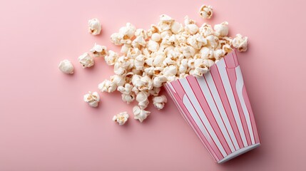 Box of popcorn is on a pink background. The popcorn is scattered all over the box and the background