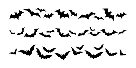 Halloween silhouettes black flying bats pattern lines - for design decor. Set bats border lines. Vector illustration, traditional Halloween decorative elements.