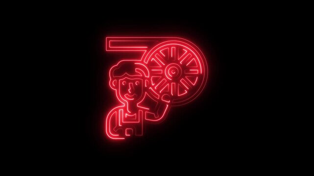 Red neon outline illustration of a train engineer with wagon wheel on black
