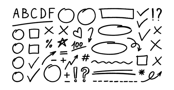 Grading doodle set, hand drawn elements. Black grades simple elements - grades results, frame accent line, plus and minus signs, check mark and cross mark, underlines, arrows. Knowledge testing, exam.
