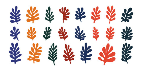 Obraz premium Set of colorful abstract Matisse-inspired leaf shapes. Bold, organic botanical elements for modern design. Vector illustration. Matisse bundle of abstract shapes for contemporary posters, banners.