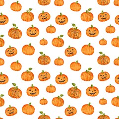 Seamless pattern with Halloween pumpkins. Watercolor orange smiling spooky pumpkins on white background. Holiday backdrop for wrapping paper, textile, fabric, scrapbooking.

