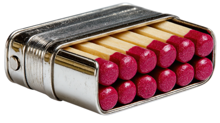 Matches Ready: An intriguing collection of matches neatly arranged in a metal case, symbolizing preparation, spark, and the potential for ignition, showcased in a meticulously detailed photograph.