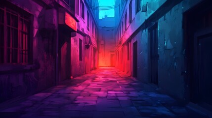 Fototapeta premium Neon-lit alleyway in a city with a futuristic noir atmosphere.