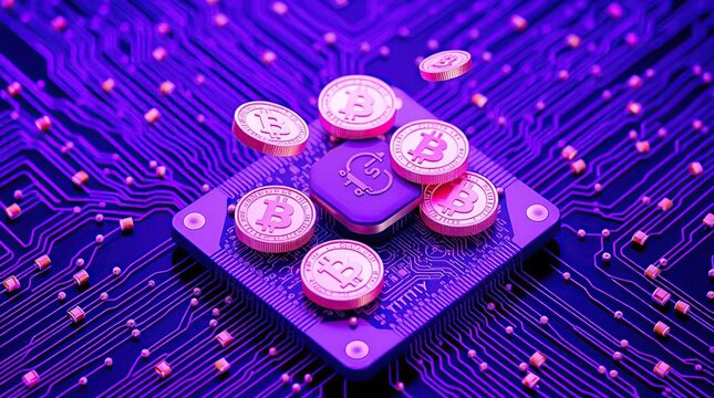 Cryptocurrency processing on a circuit board.  Digital coins in motion over a microchip