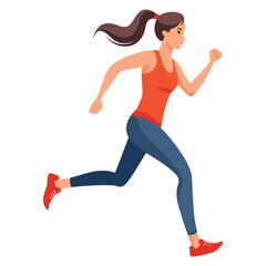 woman running in orange shirt and blue pants