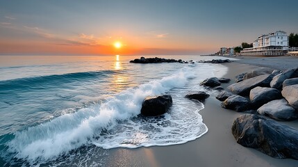 Coastal Sunrise Waves Crashing on Rocks and Beach Sand
