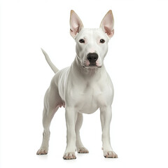 Bull Terrier standing with egg shaped head on white background