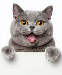 Gray British Shorthair cat with playful expression on white background