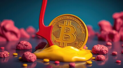 Cryptocurrency sinking in a pool of yellow liquid.  Surrounded by pink bubbles