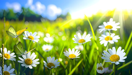 art abstract; Beautiful summer background with fresh green grass and wild chamomile flowers in sunny meadow
