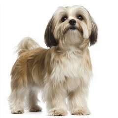 Lhasa Apso with long wavy fur stands on white background