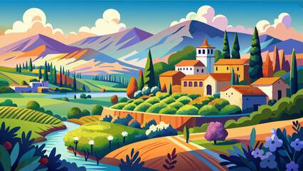 Cartoon landscape of a Mediterranean village with hills, river, cypress trees and colorful fields under a bright sky
