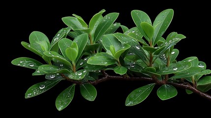 Lush Green Branch with Dew Drops  Isolated on Black.