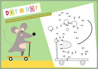 Animals activities for kids. Dot to dot game – little mouse. Connect the dots. Numbers games for kids. Coloring page. Vector illustration. Learning numbers. Fine motor skills. Page for activity book.