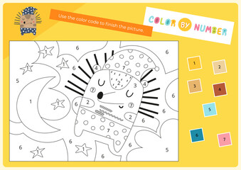 Color by number – cute sleeping hedgehog. Animals Activities for kids.  Coloring page for activity book. Vector illustration. Logic Game for boost of fine motor skills, thinking, attention, learning o