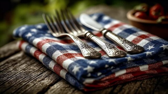 Silverware on a folded textile in red and blue colors