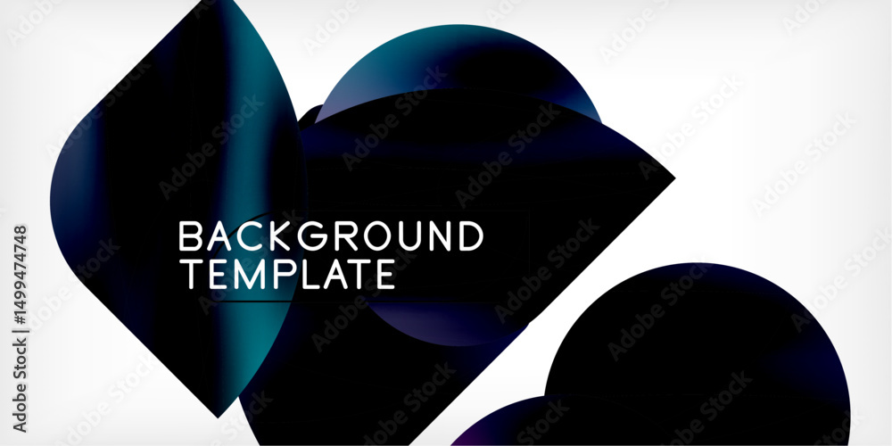 Poster abstract shapes overlap, creating dynamic visual effect. dark blues contrast with white background. 