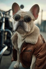 Stylish Bulldog with Aviator Jacket and Motorcycle at Sunset