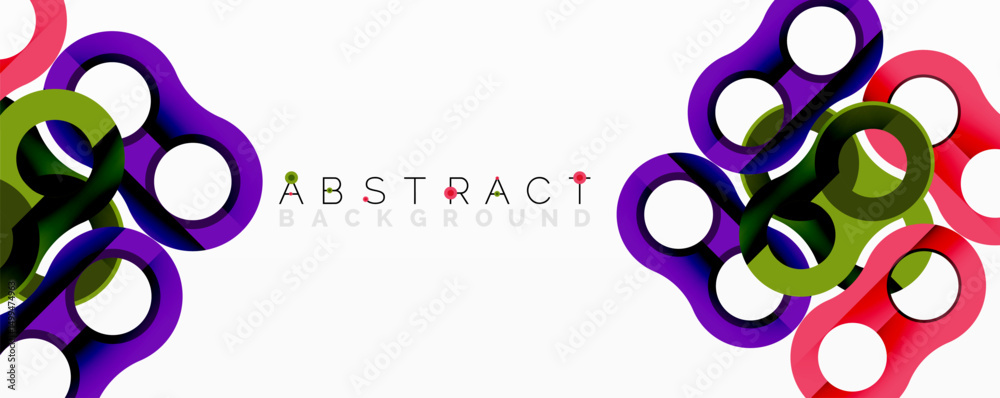 Poster Modern design features colorful overlapping circles. Vibrant hues create dynamic abstract composition. Clean lines, simple shapes.
