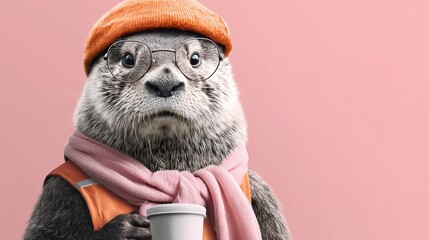 Cartoonish otter wearing glasses and a scarf is holding a cup. The image has a playful and whimsical mood, with the otter looking down at the cup as if it were a serious matter