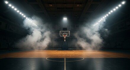Misty basketball court lit spotlights