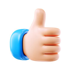 3d Like Thumb up Hand Gesture icon isolated on transparent background. 3d rendering Cartoon plastic style. PNG file, cut out