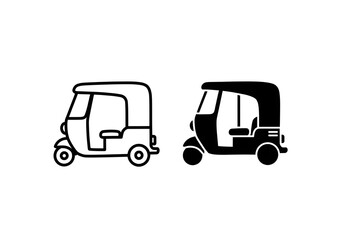 Two auto rickshaw icons one in outline and one in solid black on a white isolated background