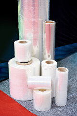 Rolls of stretch wrap in store