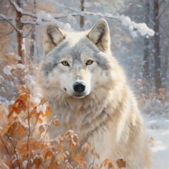 Obraz premium Painting of a grey wolf. Wolf portrait in winter forest.