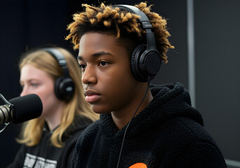 Black teenage boy wearing black headphones and sherpa hoodie close-up portrait with serious expression, soft lighting, blurred background and gamer streamer vibe