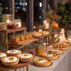Elegant Dessert Table at Evening Event Featuring Pumpkin Pie Tarts and Jars of Ingredients in Warm Light