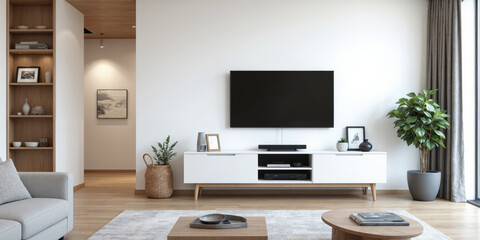 Living room interior modern Modern living room interior with white media console TV and wooden furniture