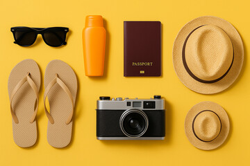 Minimalist flat lay of summer vacation essentials on a bright background – sunglasses, sunscreen, passport, camera, flip flops, and a straw hat.