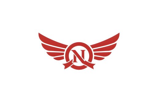 Red winged logo with the letter n in a circle and ribbon on a white background in vector format