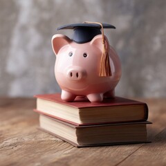 Piggy Bank Wearing Graduation Cap on Books Still Life Education Savings Concept Finance Investment