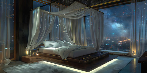 Luxurious Bedroom with Canopy Bed, Sheer Drapes, and Stunning City Skyline View Beneath a Starry Night Sky