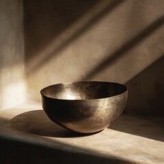Bronze Singing Bowl Sits in Corner with Sunlight Streaming In Still Life Meditative Zen Spiritual Practice