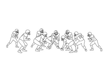 Fototapeta premium Line drawing of american football players in formation ready for the next play on a white background