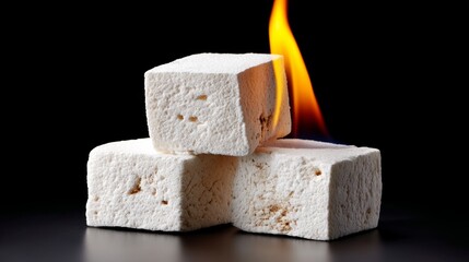 Three white cubes of something with a yellow flame on top. The cubes are stacked on top of each other