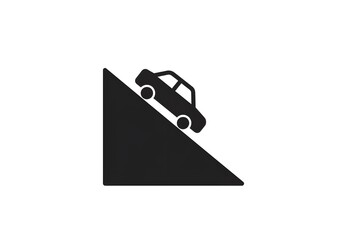 A black and white illustration of a car driving down a steep hill on a white background isolated art