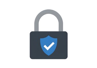 A padlock with a blue shield and white checkmark on it symbolizing security and protection icon