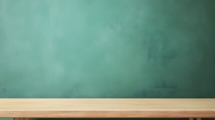 A simple green chalkboard wall with a wooden desk, creating a minimalist backdrop for education or cafe settings. long_title:A clean, modern interior