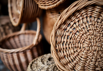 pile of wicker baskets sitting on top of a table