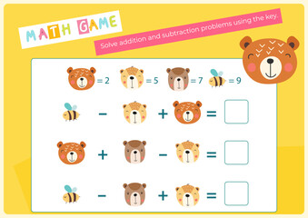 Activities for kids. Solve arithmetic problems using the key. Vector illustration. Flash card. Math game for learning counting. Game for activity book.
