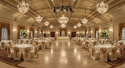Ornate ballroom with chandeliers and tables