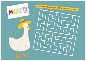Animals Maze game for children. Help Goose find correct path in maze. Vector illustration. Labyrinth quest for kids. Flash cards format. Page for activity book.
