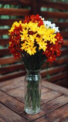 Cheerful Bouquet of Colorful Daisies in Glass Vase on Wooden Tabletop Still Life Close Up View