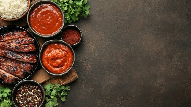 Juicy BBQ ribs are plated alongside an array of flavorful sauces and fresh herbs, set against a dark background ideal for food lovers and event planners